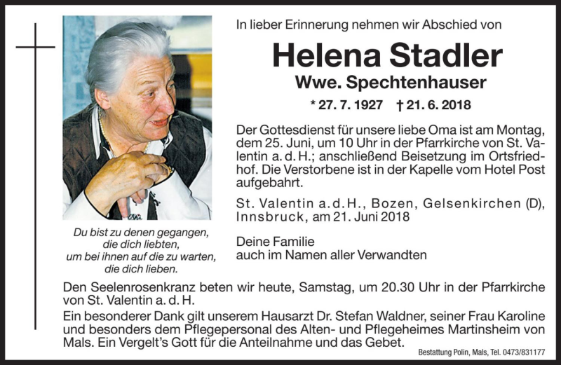  Traueranzeige für Helena Spechtenhauser vom 23.06.2018 aus Dolomiten