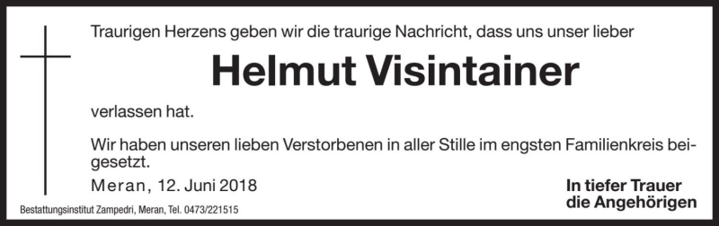  Traueranzeige für Helmut Visintainer vom 20.06.2018 aus Dolomiten