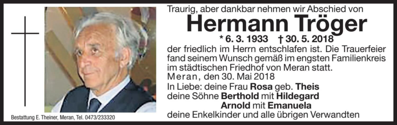  Traueranzeige für Hermann Tröger vom 08.06.2018 aus Dolomiten