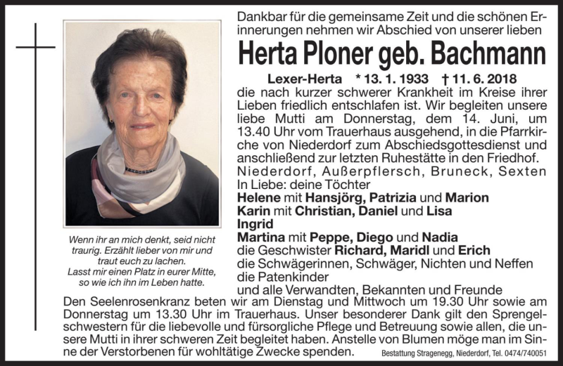  Traueranzeige für Herta Ploner vom 12.06.2018 aus Dolomiten