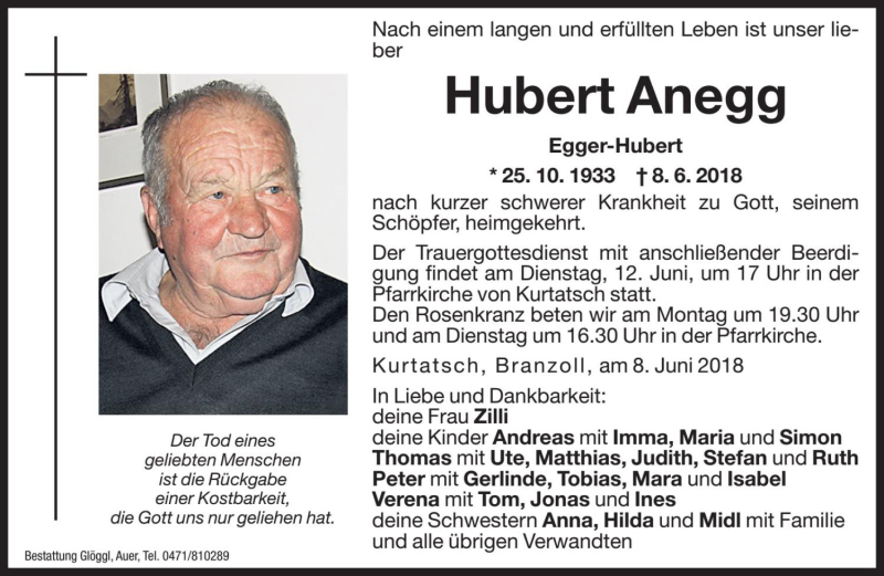  Traueranzeige für Hubert Anegg vom 11.06.2018 aus Dolomiten