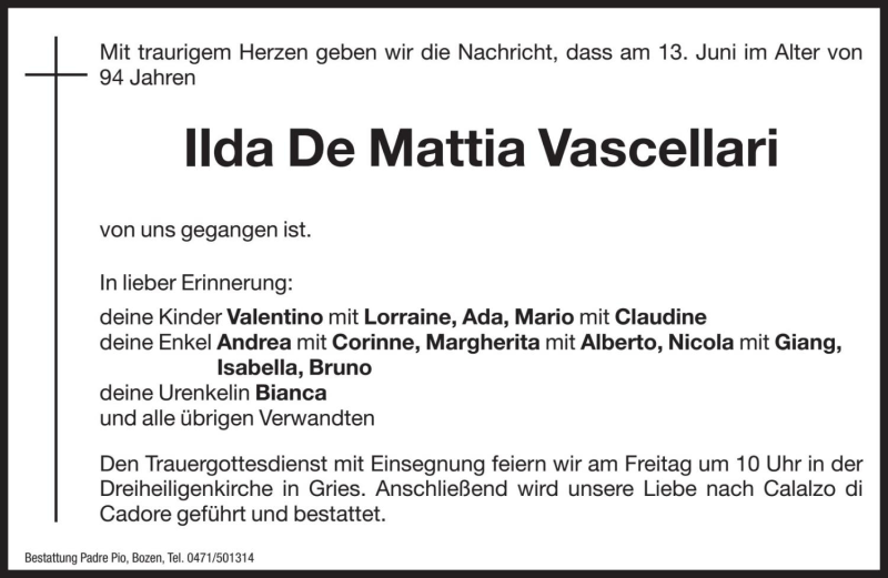 Traueranzeige für Ilda Vascellari vom 14.06.2018 aus Dolomiten