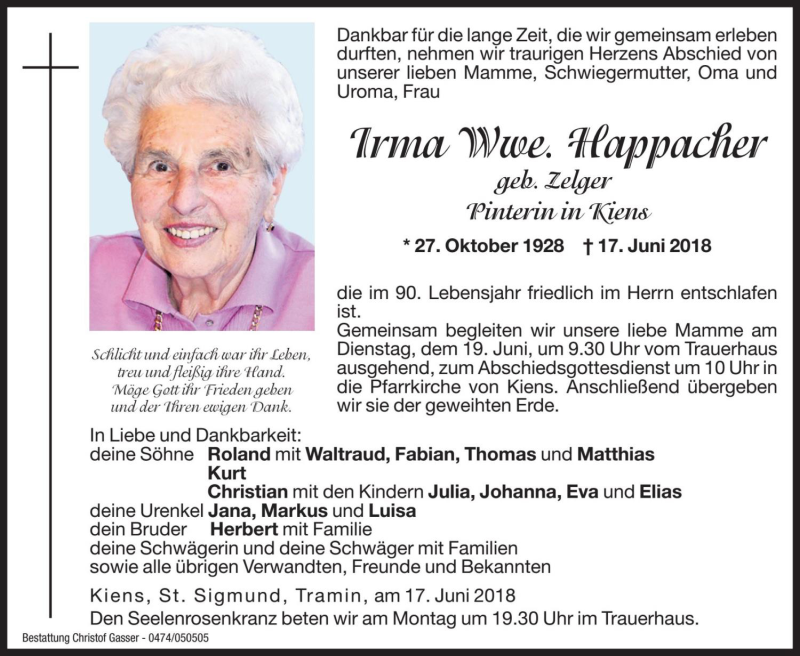  Traueranzeige für Irma Happacher vom 18.06.2018 aus Dolomiten