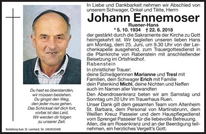  Traueranzeige für Johann Ennemoser vom 23.06.2018 aus Dolomiten
