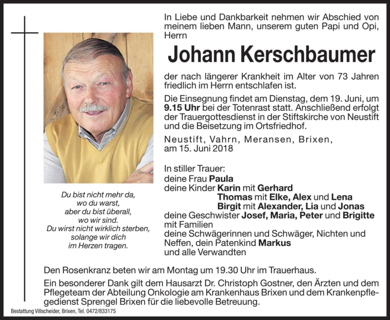  Traueranzeige für Johann Kerschbaumer vom 18.06.2018 aus Dolomiten