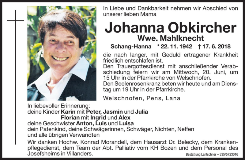  Traueranzeige für Johanna Mahlknecht vom 18.06.2018 aus Dolomiten