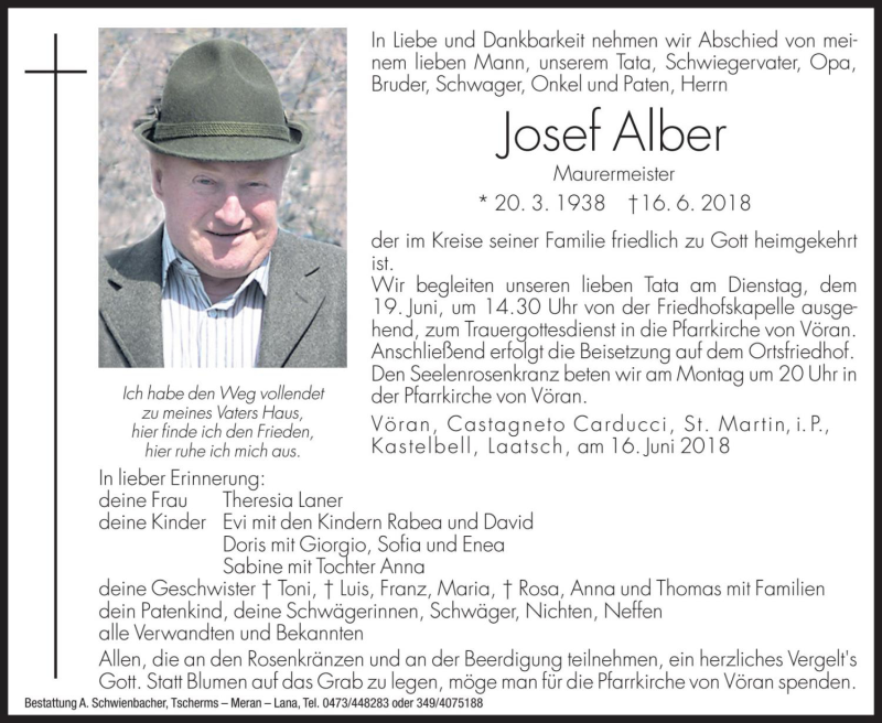 Traueranzeige für Josef Alber vom 18.06.2018 aus Dolomiten