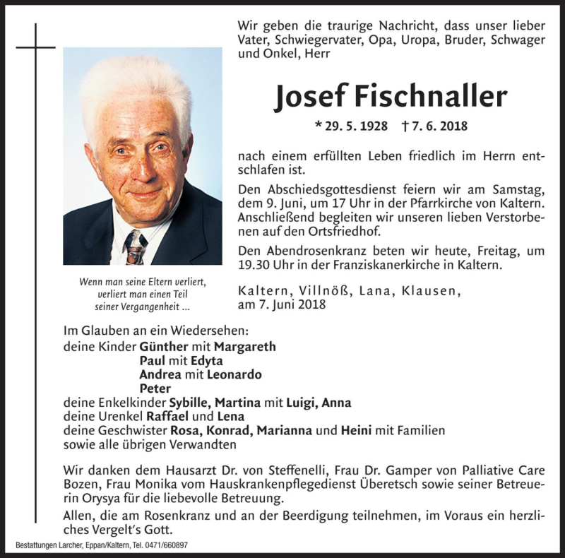  Traueranzeige für Josef Fischnaller vom 08.06.2018 aus Dolomiten