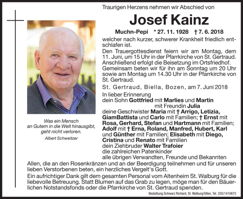  Traueranzeige für Josef Kainz vom 09.06.2018 aus Dolomiten