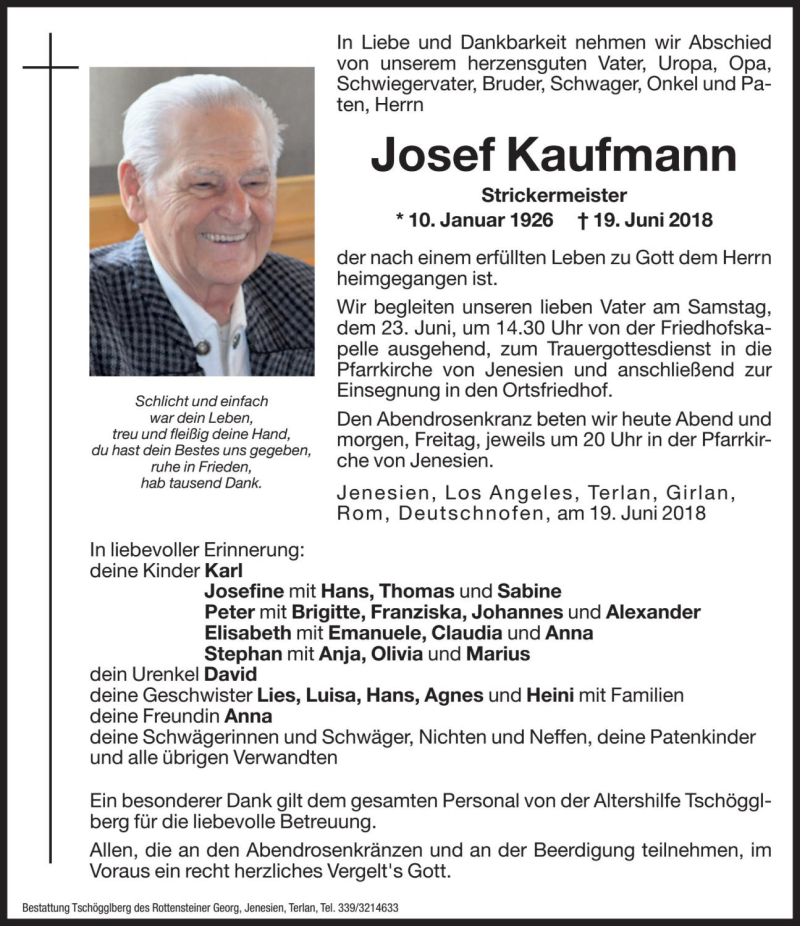  Traueranzeige für Josef Kaufmann vom 21.06.2018 aus Dolomiten