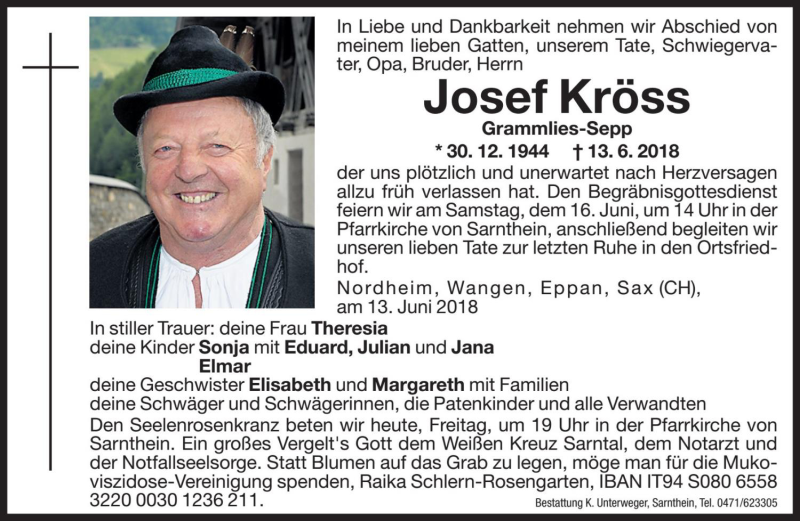 Traueranzeige für Josef Kröss vom 15.06.2018 aus Dolomiten