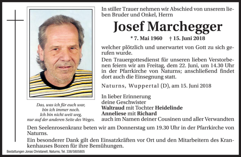  Traueranzeige für Josef Marchegger vom 20.06.2018 aus Dolomiten