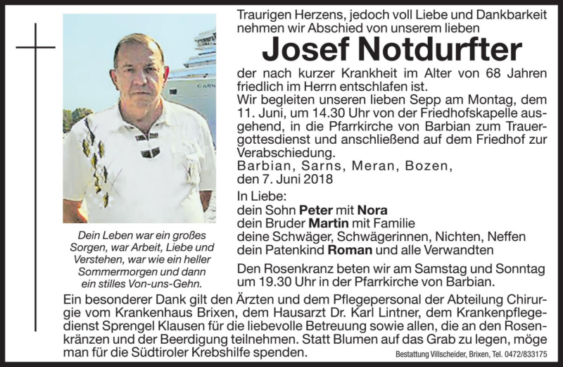  Traueranzeige für Josef Notdurfter vom 09.06.2018 aus Dolomiten