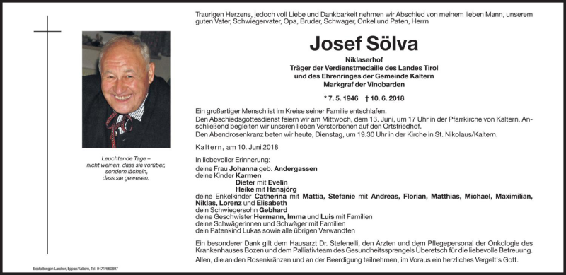  Traueranzeige für Josef Sölva vom 12.06.2018 aus Dolomiten