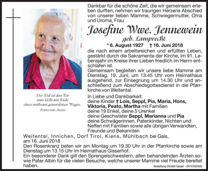 Traueranzeige für Josefine Jennewein vom 18.06.2018 aus Dolomiten