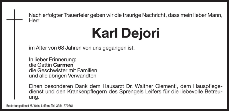 Traueranzeige für Karl Dejori vom 08.06.2018 aus Dolomiten