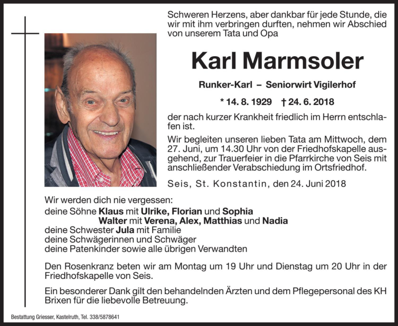  Traueranzeige für Karl Marmsoler vom 25.06.2018 aus Dolomiten