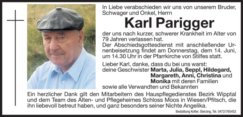  Traueranzeige für Karl Parigger vom 13.06.2018 aus Dolomiten