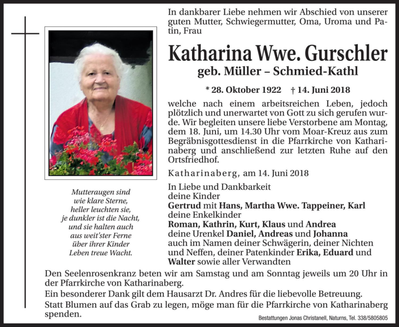  Traueranzeige für Katharina Gurschler vom 15.06.2018 aus Dolomiten