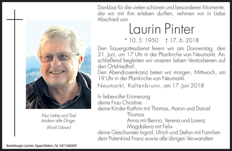  Traueranzeige für Laurin Pinter vom 19.06.2018 aus Dolomiten