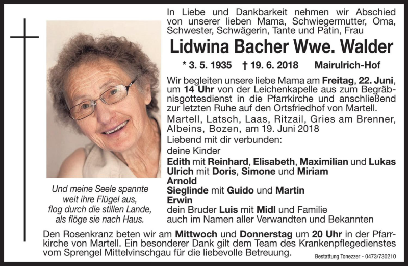  Traueranzeige für Lidwina Walder vom 20.06.2018 aus Dolomiten