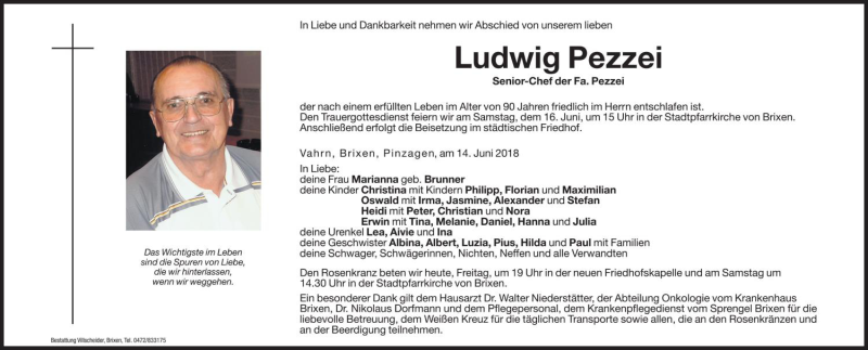 Traueranzeige für Ludwig Pezzei vom 15.06.2018 aus Dolomiten