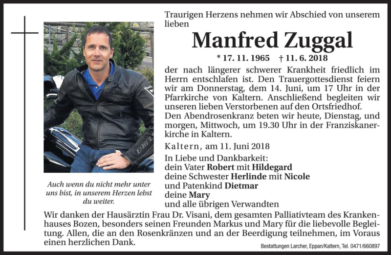  Traueranzeige für Manfred Zuggal vom 12.06.2018 aus Dolomiten
