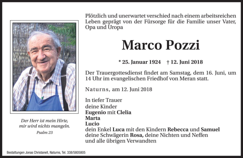  Traueranzeige für Marco Pozzi vom 15.06.2018 aus Dolomiten