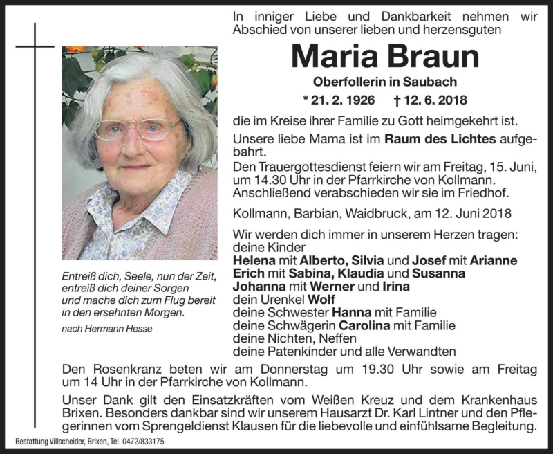  Traueranzeige für Maria Braun vom 14.06.2018 aus Dolomiten