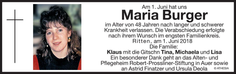  Traueranzeige für Maria Burger vom 23.06.2018 aus Dolomiten