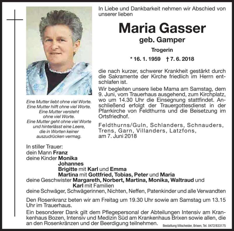  Traueranzeige für Maria Gasser vom 08.06.2018 aus Dolomiten
