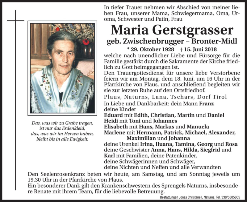  Traueranzeige für Maria Gerstgarsser vom 16.06.2018 aus Dolomiten