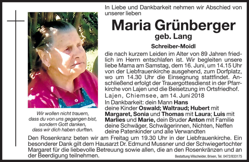  Traueranzeige für Maria Grünberger vom 15.06.2018 aus Dolomiten