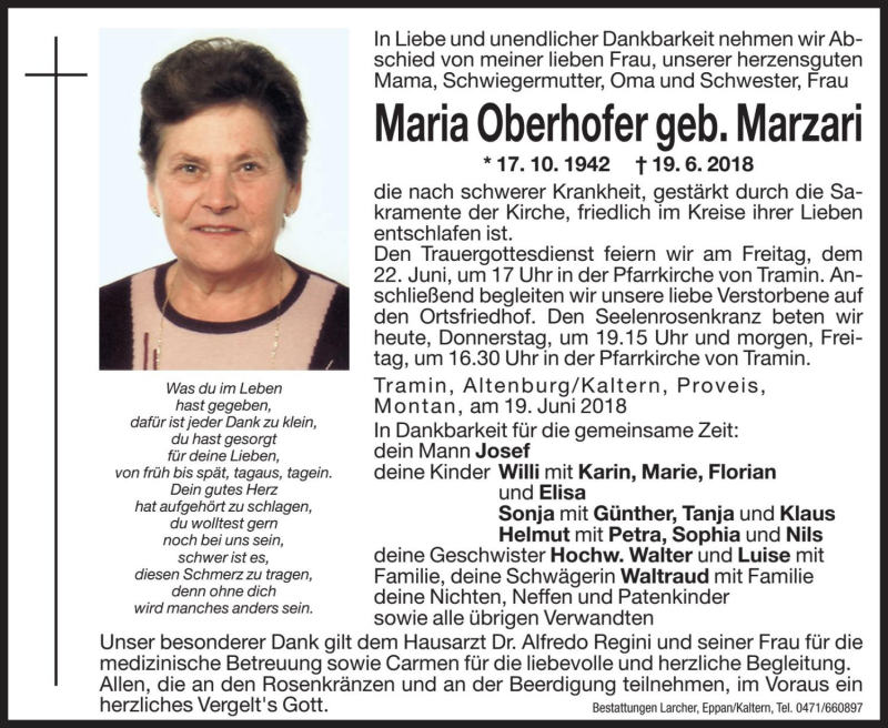  Traueranzeige für Maria Oberhofer vom 21.06.2018 aus Dolomiten