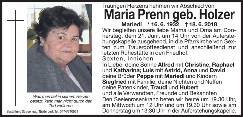  Traueranzeige für Maria Prenn vom 19.06.2018 aus Dolomiten