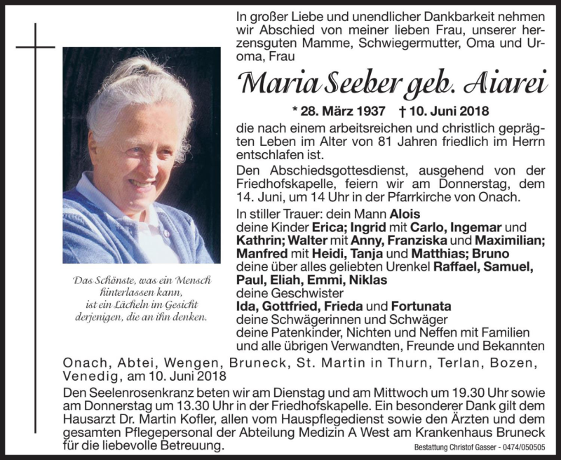  Traueranzeige für Maria Seeber vom 12.06.2018 aus Dolomiten