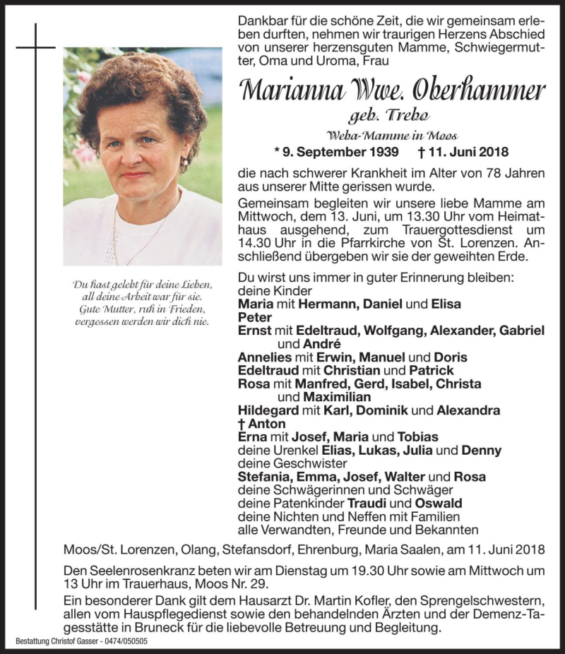  Traueranzeige für Marianna Oberhammer vom 12.06.2018 aus Dolomiten