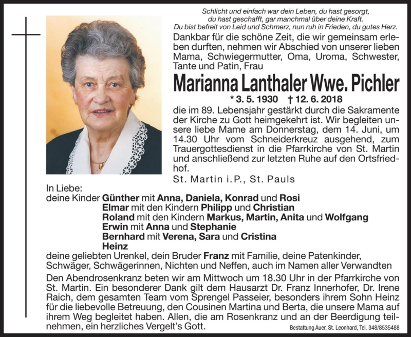  Traueranzeige für Marianna Pichler vom 13.06.2018 aus Dolomiten