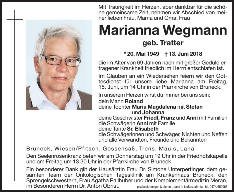  Traueranzeige für Marianna Wegmann vom 14.06.2018 aus Dolomiten