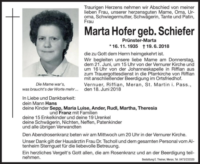  Traueranzeige für Marta Hofer vom 20.06.2018 aus Dolomiten