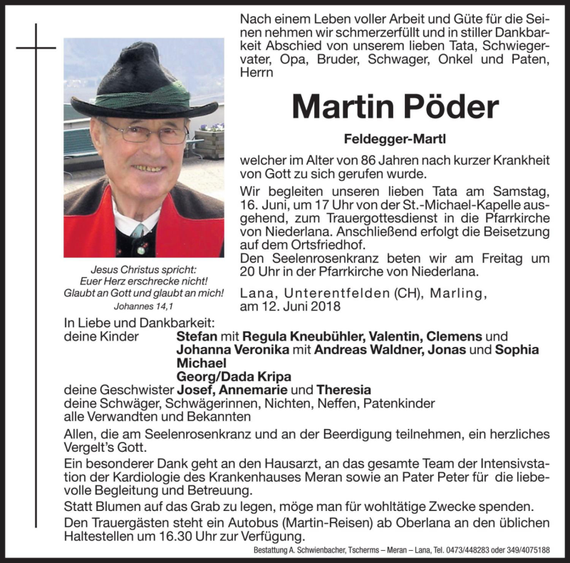  Traueranzeige für Martin Pöder vom 13.06.2018 aus Dolomiten