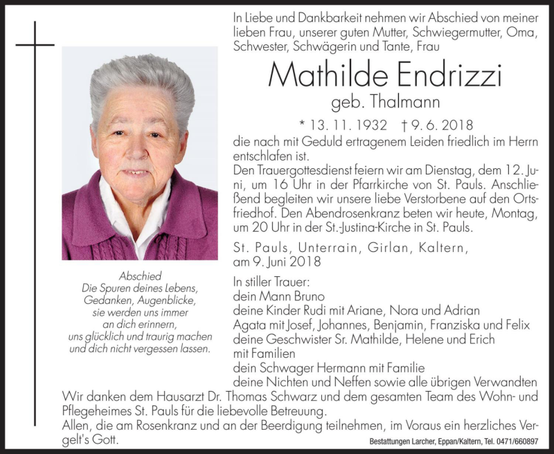  Traueranzeige für Mathilde Endrizzi vom 11.06.2018 aus Dolomiten