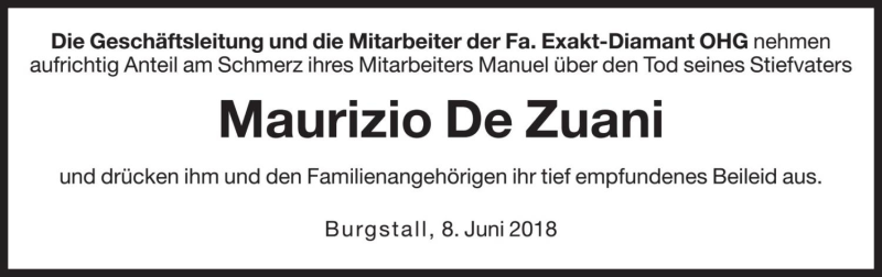  Traueranzeige für Maurizio De Zuani vom 09.06.2018 aus Dolomiten