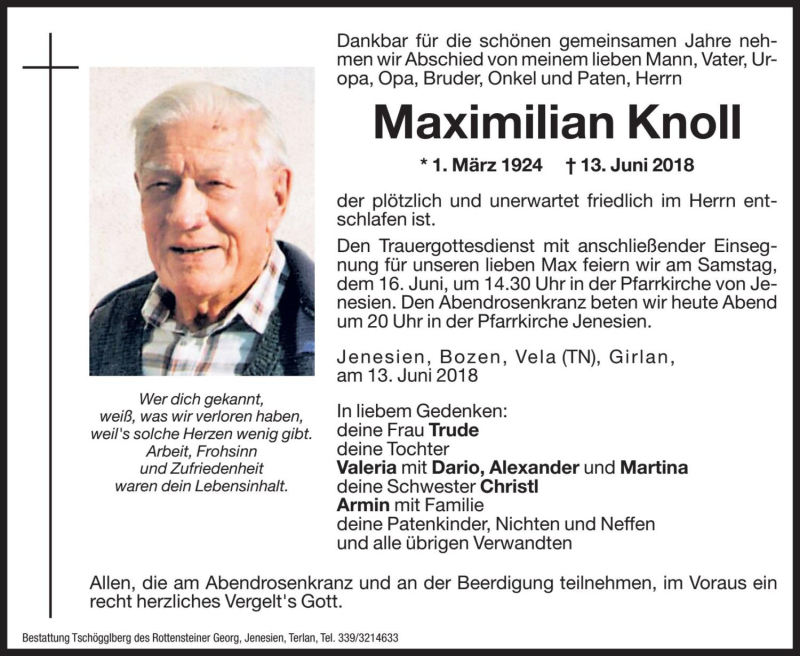  Traueranzeige für Maximilian Knoll vom 15.06.2018 aus Dolomiten