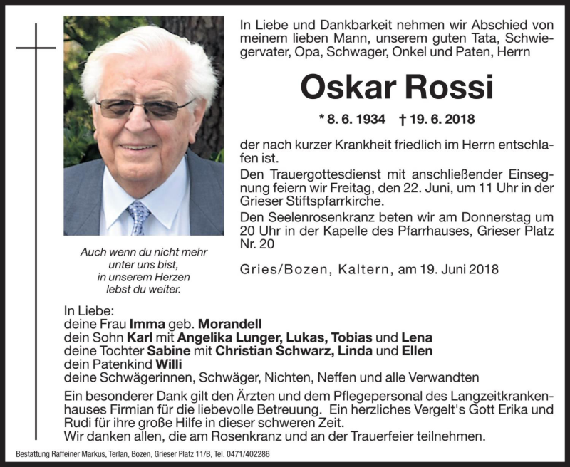  Traueranzeige für Oskar Rossi vom 20.06.2018 aus Dolomiten