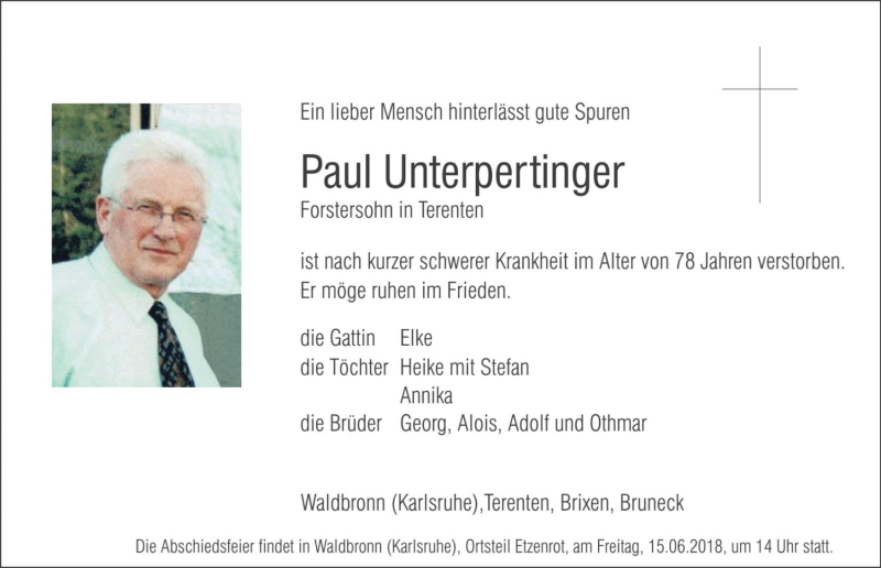  Traueranzeige für Paul Unterpertinger vom 12.06.2018 aus Dolomiten