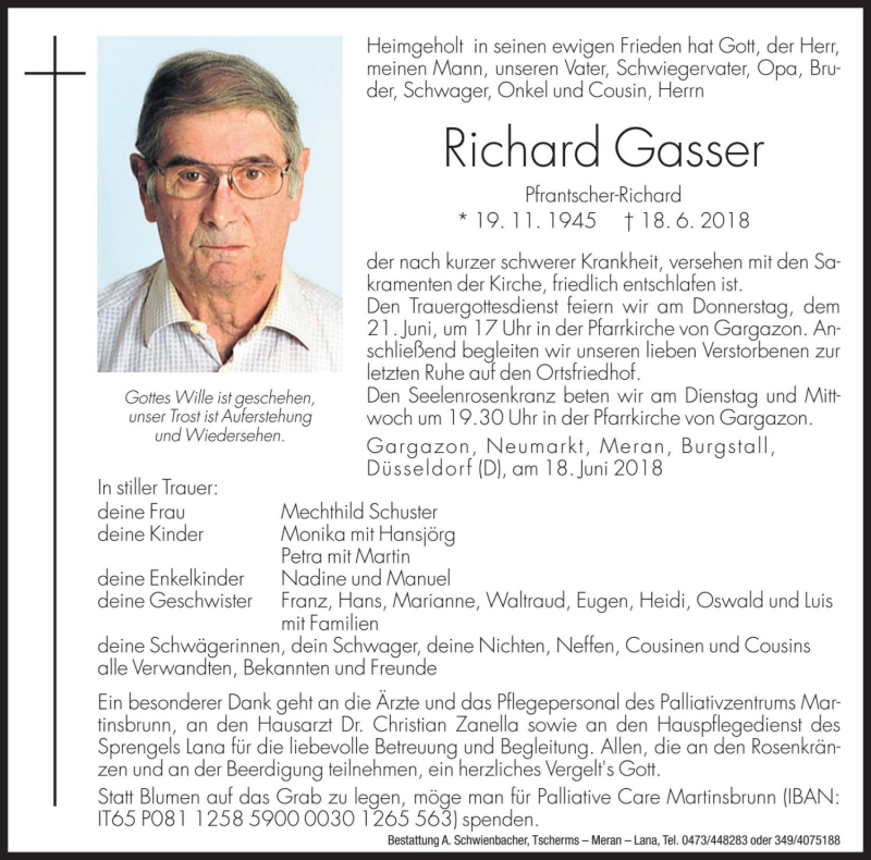 Traueranzeige für Richard Gasser vom 19.06.2018 aus Dolomiten