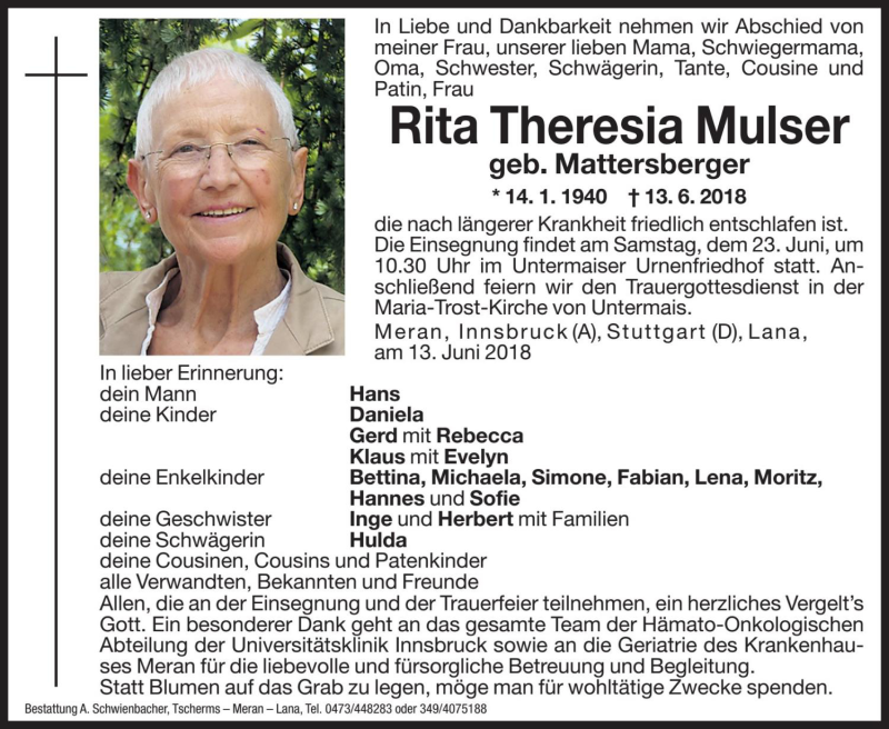  Traueranzeige für Rita Theresia Mulser vom 20.06.2018 aus Dolomiten