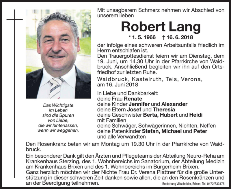  Traueranzeige für Robert Lang vom 18.06.2018 aus Dolomiten