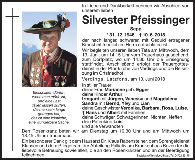  Traueranzeige für Silvester Pfeissinger  vom 12.06.2018 aus Dolomiten